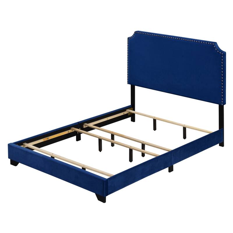 Queen Size Blue Velvet Upholstered Panel Bed with Scooped Headboard