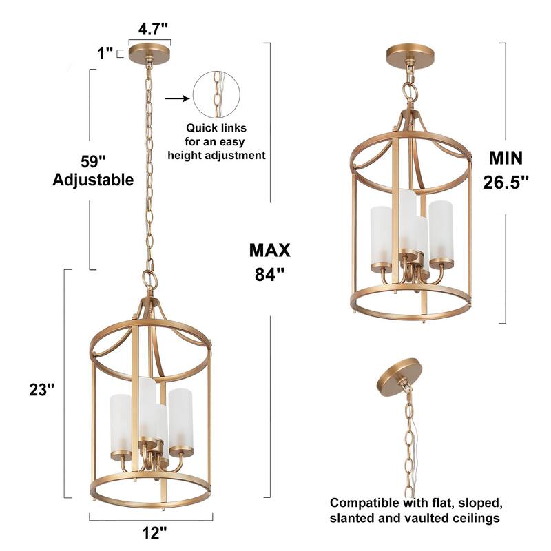 Modern Glam Gold 4-Light Cylinder Chandelier Mid-Century Metal Foyer Pendant Dimmable - 12.2'' L x 12.2'' W x 23.2'' H