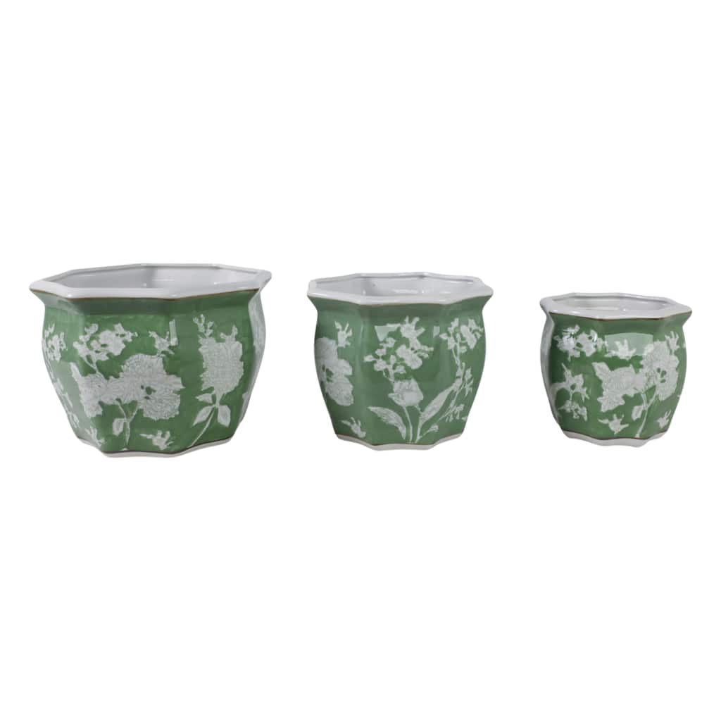 Ceramic Planters Floral Pattern Home Use (Set of 3) - 9", 8", 7" Green - 12" x 12" x 9"