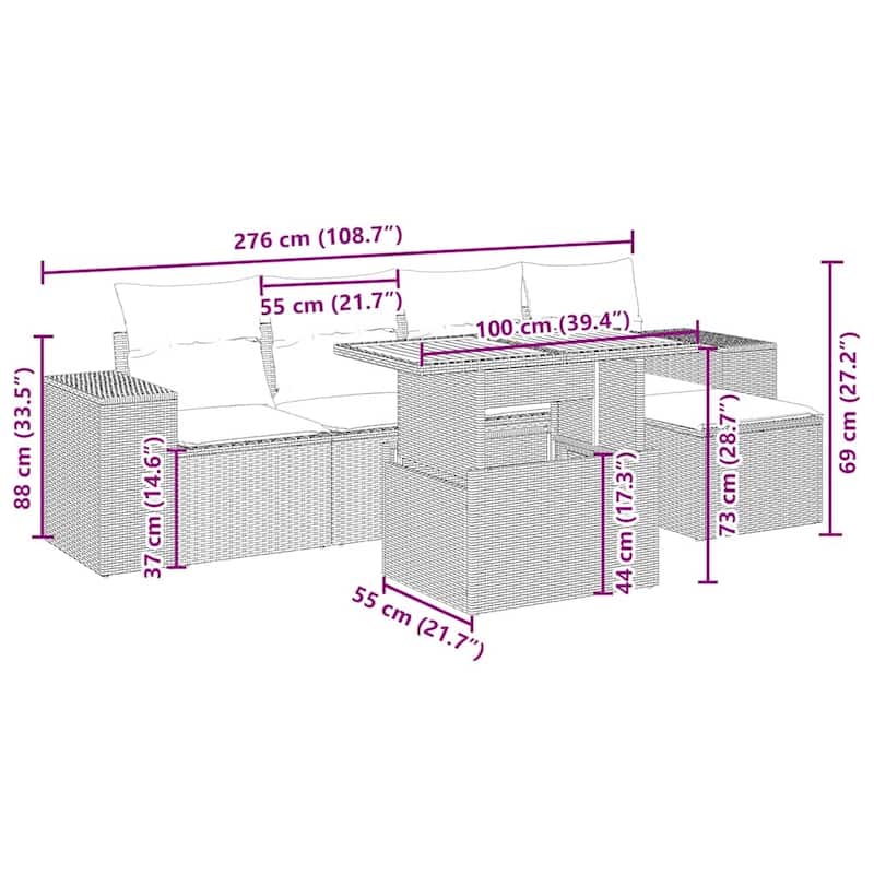 vidaXL Patio Sofa Set with Cushions Outdoor Furniture 6 Piece Poly Rattan - 21.7 x 24.4 x 27.2