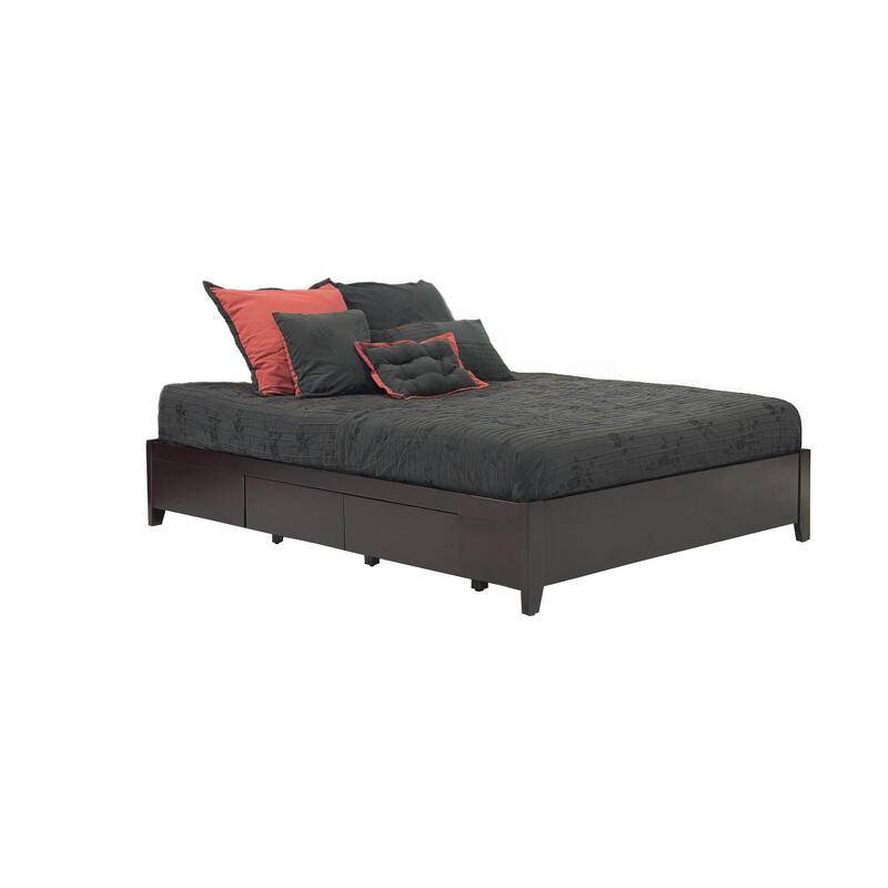 Klio Queen Size Bed, 4 Storage Drawers, Low Profile, Dark Brown Mahogany