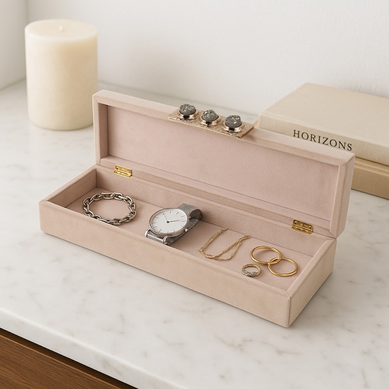 Modern Felix Suede Gemstone Decorative Box with Lid - 18", Ivory - 18.0"