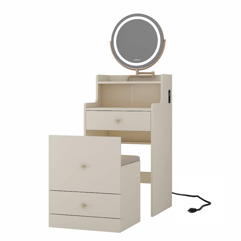 3 in 1 Small Vanity, Makeup Table with Mirror and Light, Vanity Table Set with 2 Drawers and Upholstered Stool
