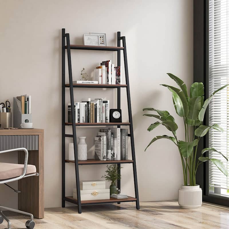 Costway Industrial Ladder Shelf Rustic 5 Tier Leaning Bookshelf Wood - See Details