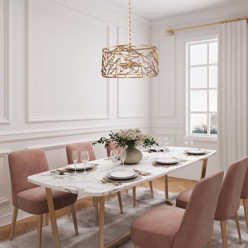 Besa Mid-Century Modern Brass 4-Light Gold Drum Chandelier for Dining Room
