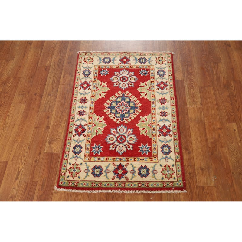 Red Geometric Kazak Accent Foyer Rug Handmade Oriental Wool Carpet - 2'0"x 3'0"