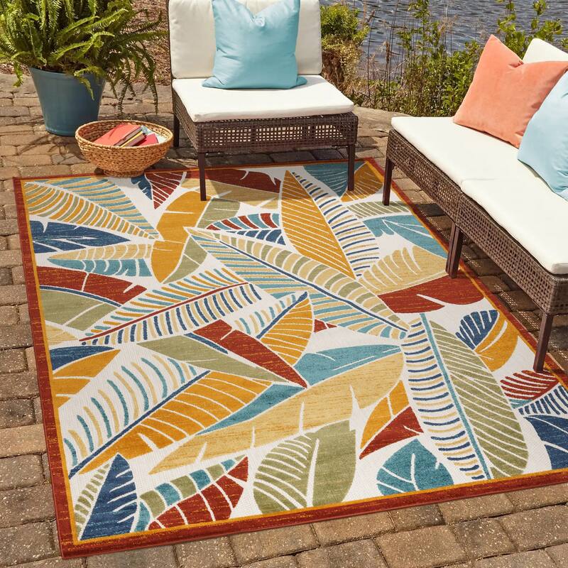 Gertmenian Fosel Lagos Multi-Color Modern Tropical Botanical Leaf Indoor/ Outdoor High-Low Area Rug