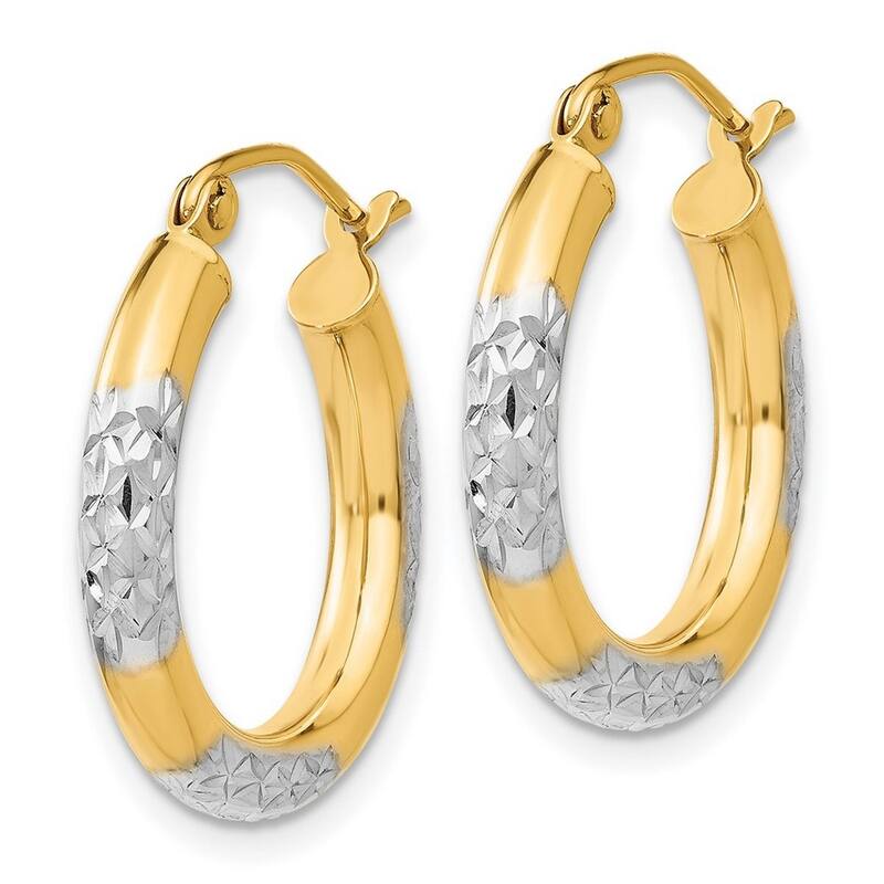 Curata 14k Yellow Gold Polished Hinged Post and Rhodium Sparkle Cut Hoop Earrings - 20mm