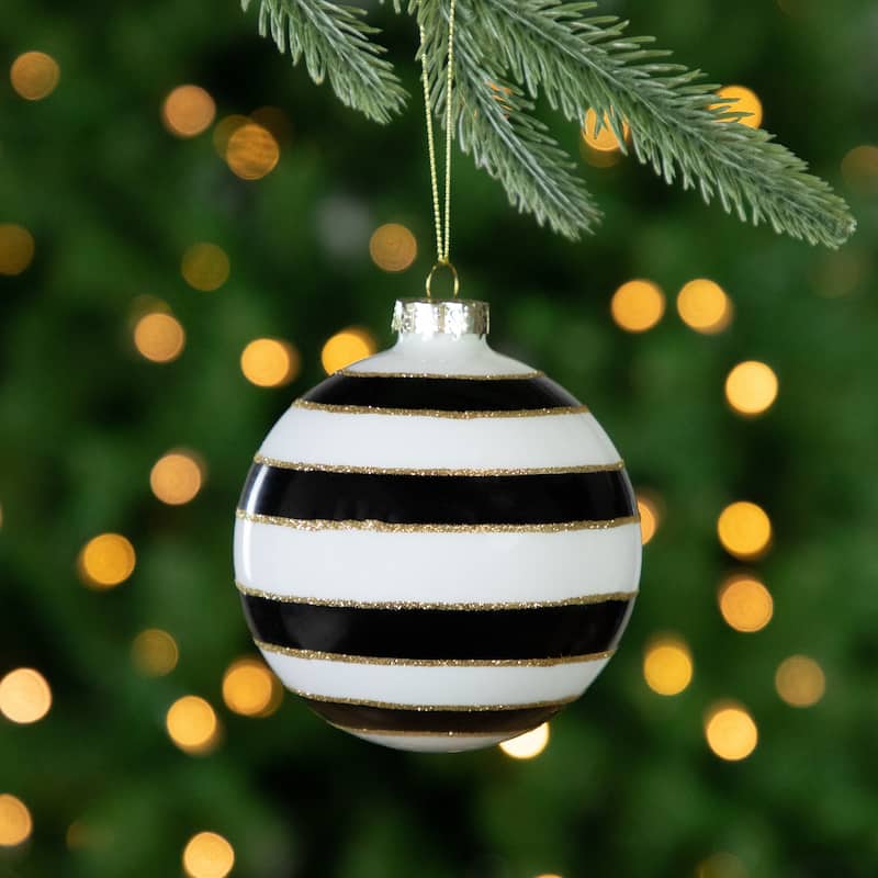 Set of 2 White and Black Striped Glass Christmas Ball Ornaments 4"