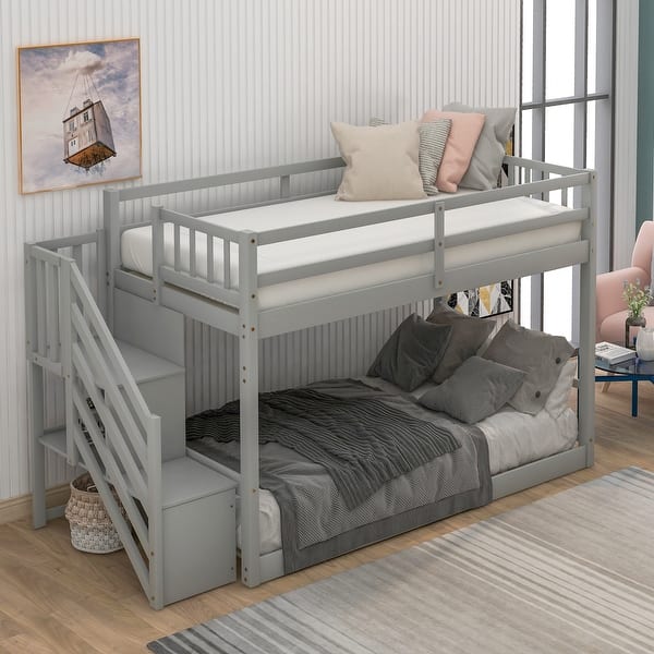 slide 2 of 18, Twin over Twin Floor Kids Bunk Bed, Ladder with Storage, Gray