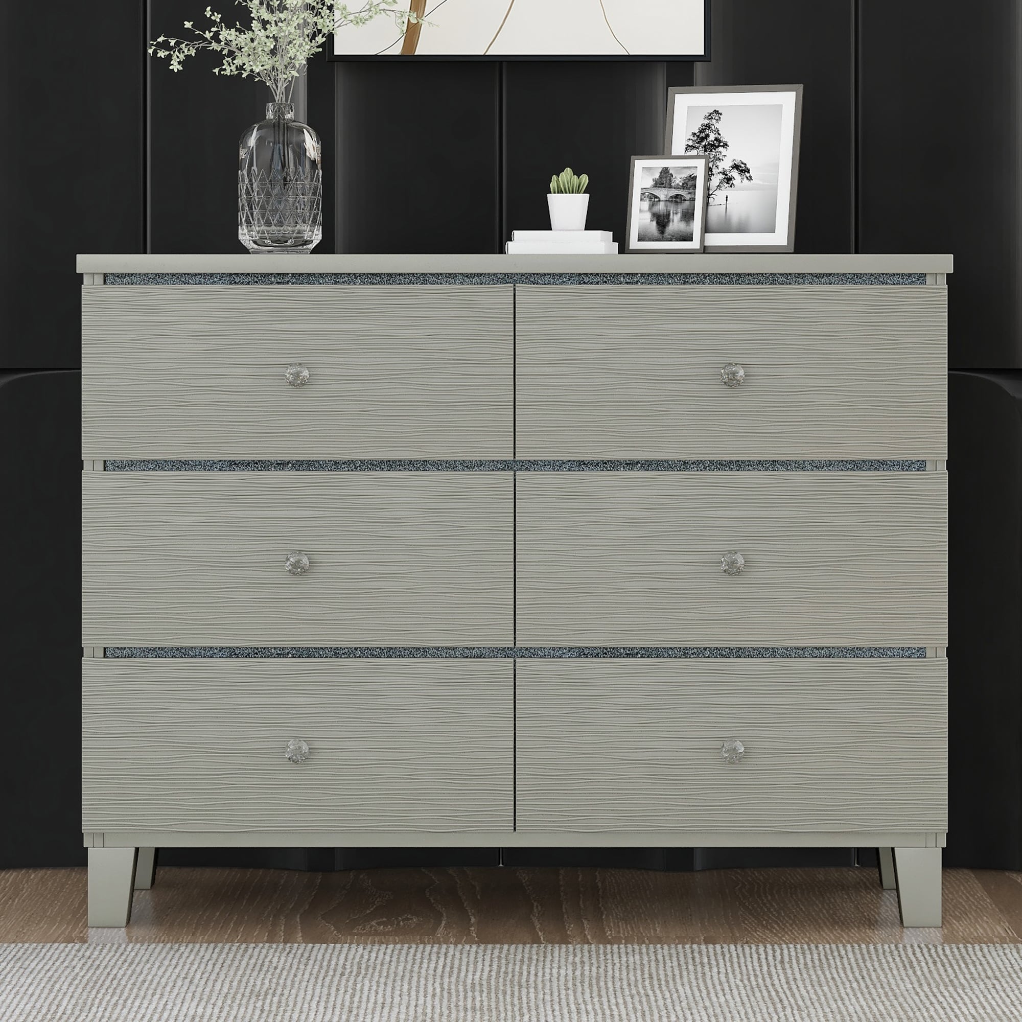 grey dresser with crystal knobs Broy Wide Dresser, 6 Drawers w Crystal Knobs, Champagne Gray Wood - Overstock