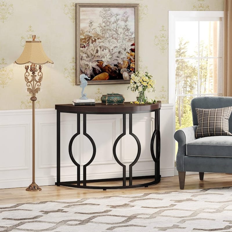 Wood Metal Half Moon Accent Sofa Table with Retro Finish Frame - 13.77"W x 43.3"L x 31.49"H