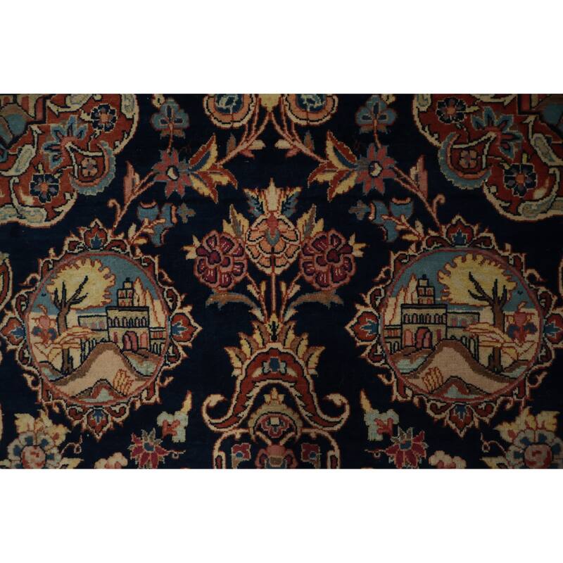 Hand Knotted Oriental 100% Wool Carpet Traditional Floral Navy Blue & Blues Kashan (Dabir) Area Rug - 7' 1'' X 4' 2''