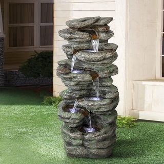 40''H Water Fountain Outdoor Garden LED Lighted Floor Fountain Natural Polyresin Decor for Patio
