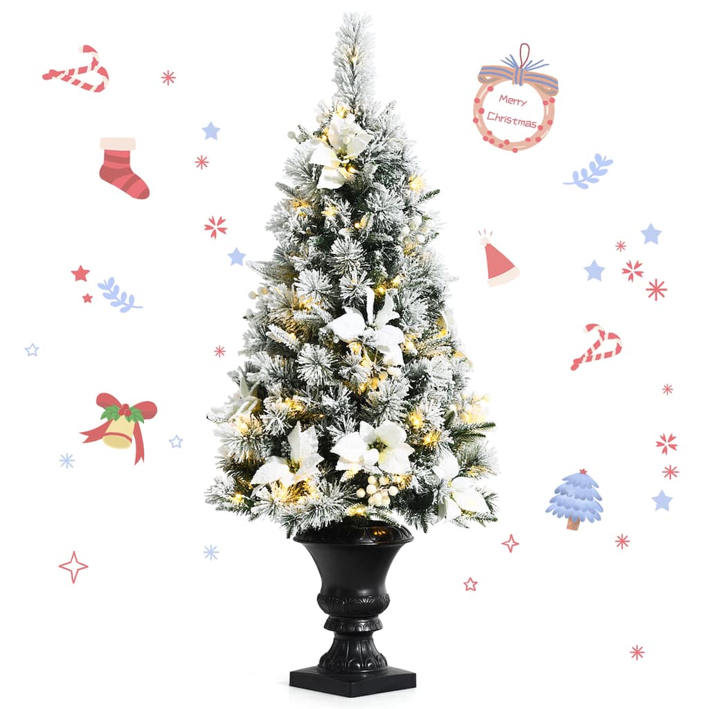 Gymax 4 FT Pre-lit Christmas Entrance Tree Snow Flocked Xmas Tree w/ - See Details