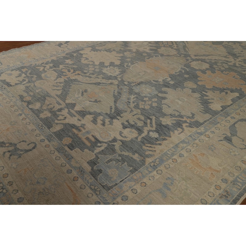 Vegetable Dye Oushak Turkish Rug Hand-Knotted Grey Wool Carpet - 9'2" x 11'10"