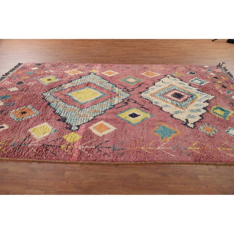 Pink Moroccan Oriental Area Rug Hand-Knotted Wool Carpet - 7'10" x 11'1"