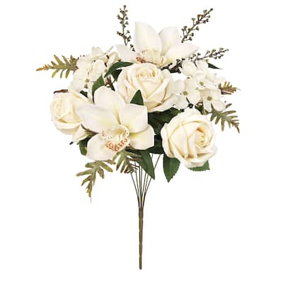 Set of 2 Cream Ivory Artificial Mixed Rose Cymbidium Orchid Hydrangea Flower Stem Bush Bouquet 16in - 16" L x 9" W x 9" DP