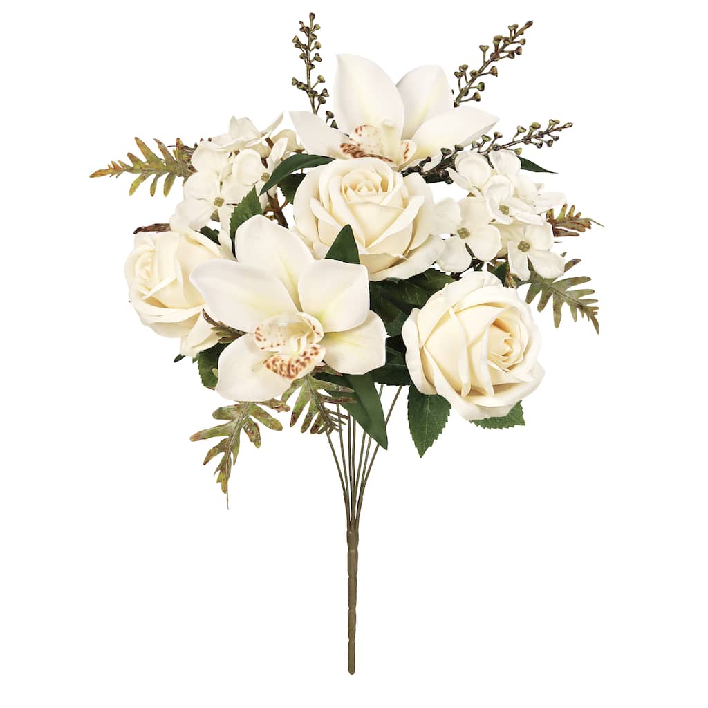 Set of 2 Cream Ivory Artificial Mixed Rose Cymbidium Orchid Hydrangea Flower Stem Bush Bouquet 16in - 16" L x 9" W x 9" DP