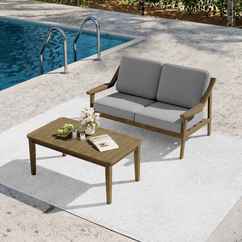 2-piece Brown/ Black Teak Cushioned Patio Loveseat Set with Coffee Table