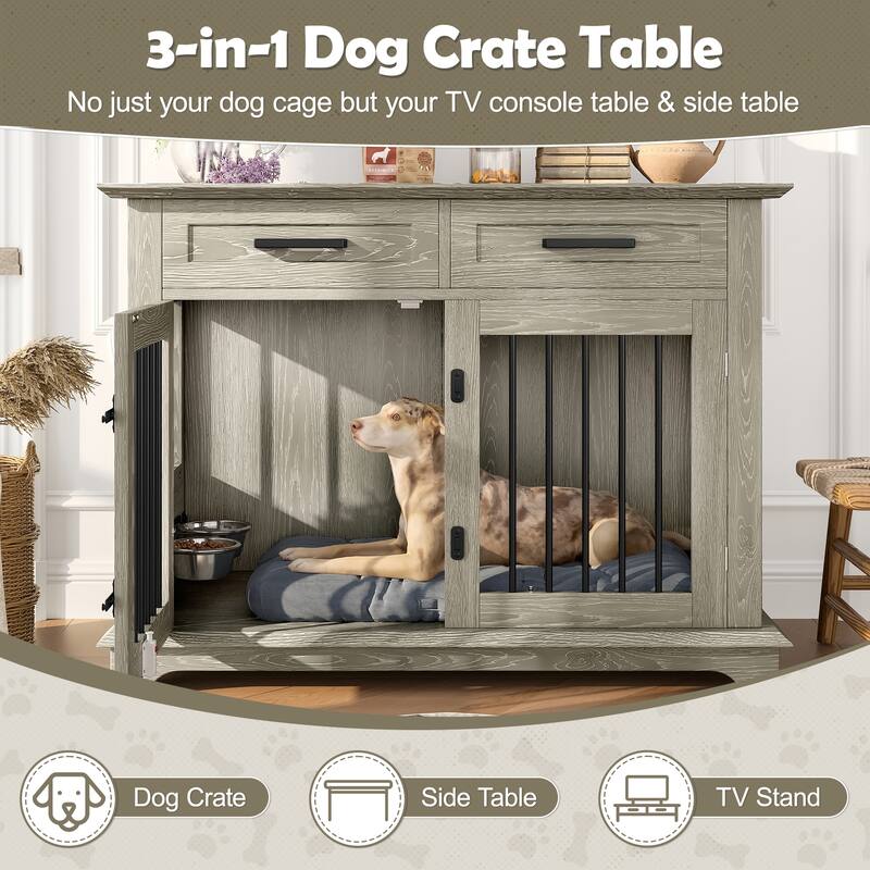 2 Doors Decorative Pet Cage Dog House with 2 Storage Drawers and Rotating Bowls, Wooden Large Dog Crate Furniture