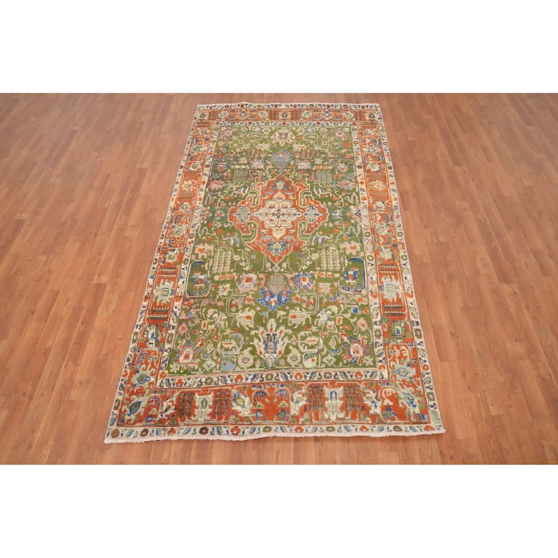 Hand Knotted Oriental 100% Wool Carpet Traditional Medallion Green Tabriz Area Rug - 8' 7'' X 4' 8''