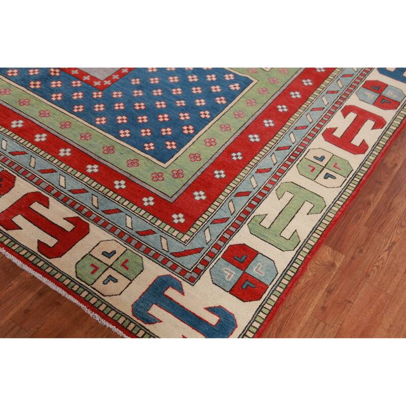 Hand Knotted Oriental 100% Wool Carpet Traditional Geometric Multi-Colored Kazak Area Rug - 11' 5'' X 8' 6''