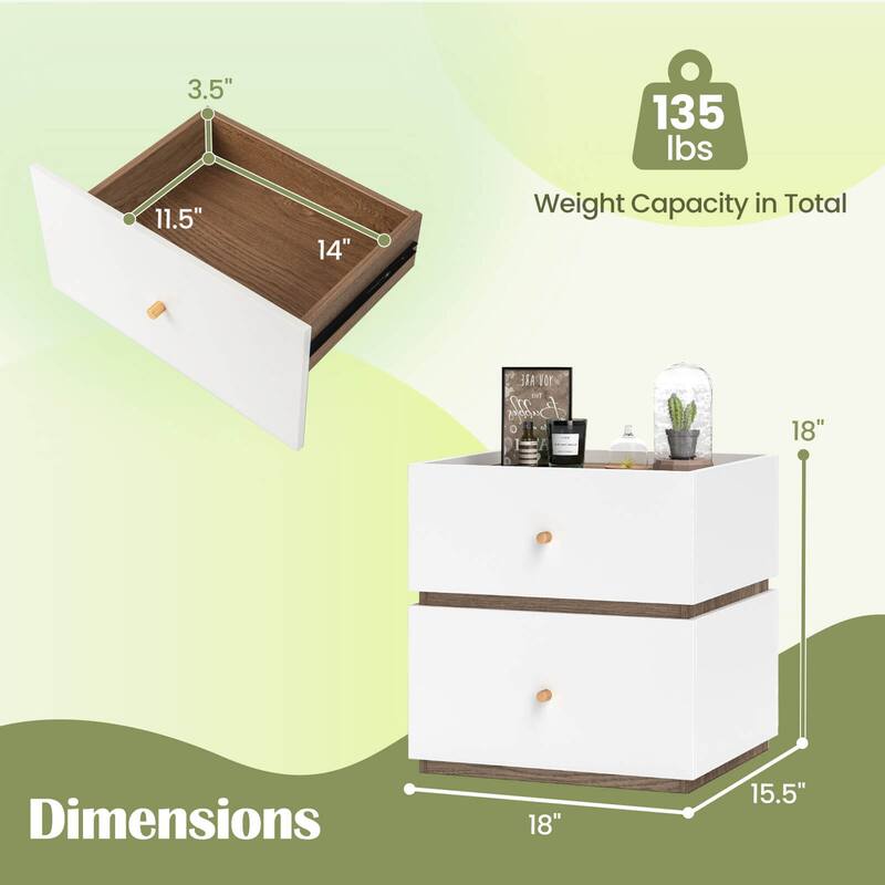 Costway 1/2 PCS 2-Drawer Nightstand Modern Bedside Table with Storag