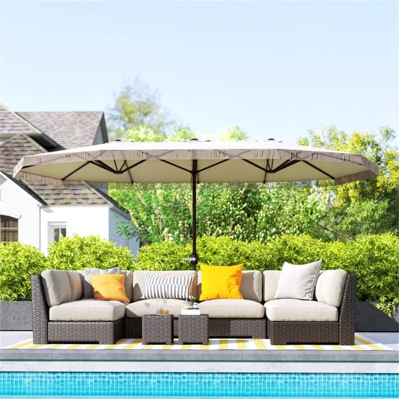 Large 15ft Outdoor Double-Sided Umbrella with UPF30+ Shade and Steel Pole Decorative Fringe