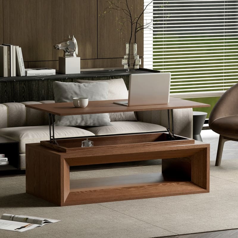 43.3" Lift-Top Coffee Table, Solid Wood Veneer Modern Accent Table with Storage and Adjustable Height - Walnut