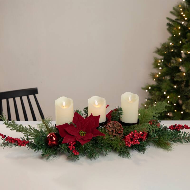 32" Artificial Mixed Pine Berries and Poinsettia Christmas Candle Holder Centerpiece