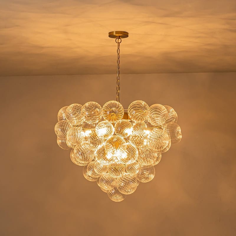 Modern Bubble Swirled Glass Globe Chandelier - Brushed Brass 27in