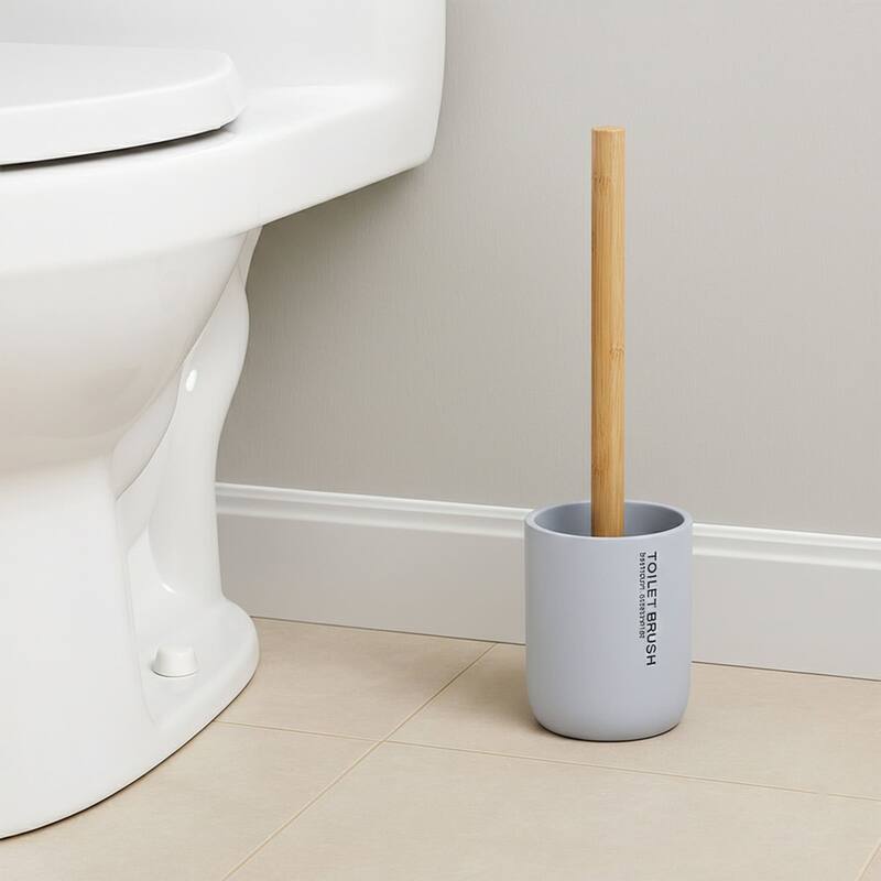 Chic Matte Toilet Brush Holder Set with Natural Bamboo Handle - 4 L x 4 W x 14.8 H - Light Blue