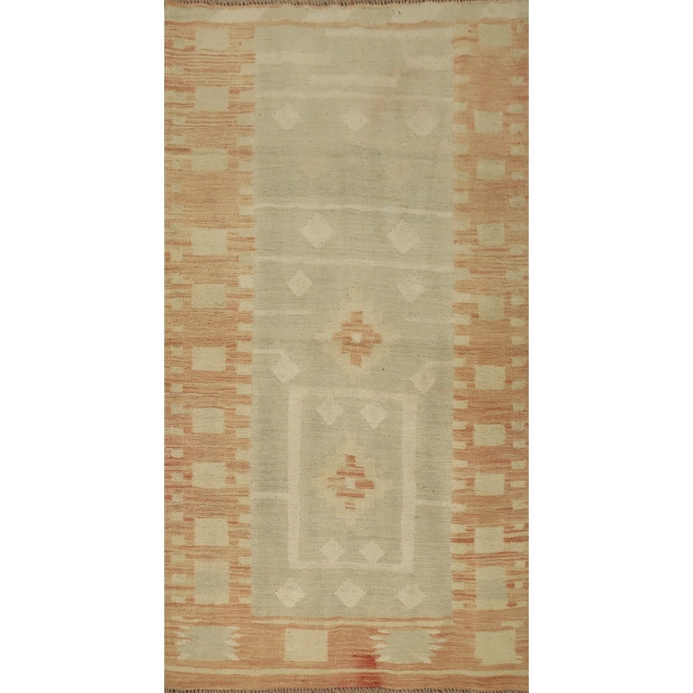 Hand Woven Oriental 100% Wool Carpet Southwestern Tribal Green Kilim Area Rug - 5' 0'' X 2' 11''