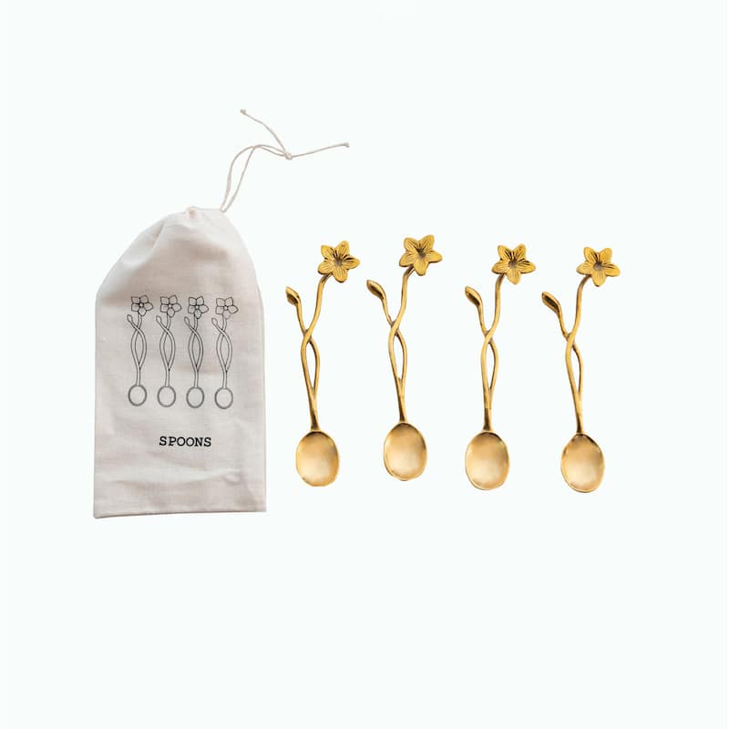 Brass Spoons with Flower Handles in Drawstring Bag - 5.5"L x 2.0"W x 0.3"H - 5.5"L x 2.0"W x 0.3"H - Brass