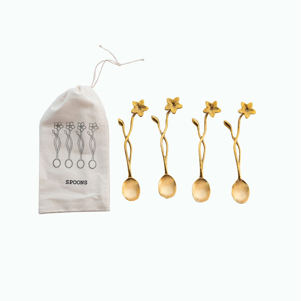 Brass Spoons with Flower Handles in Drawstring Bag - 5.5"L x 2.0"W x 0.3"H - 5.5"L x 2.0"W x 0.3"H