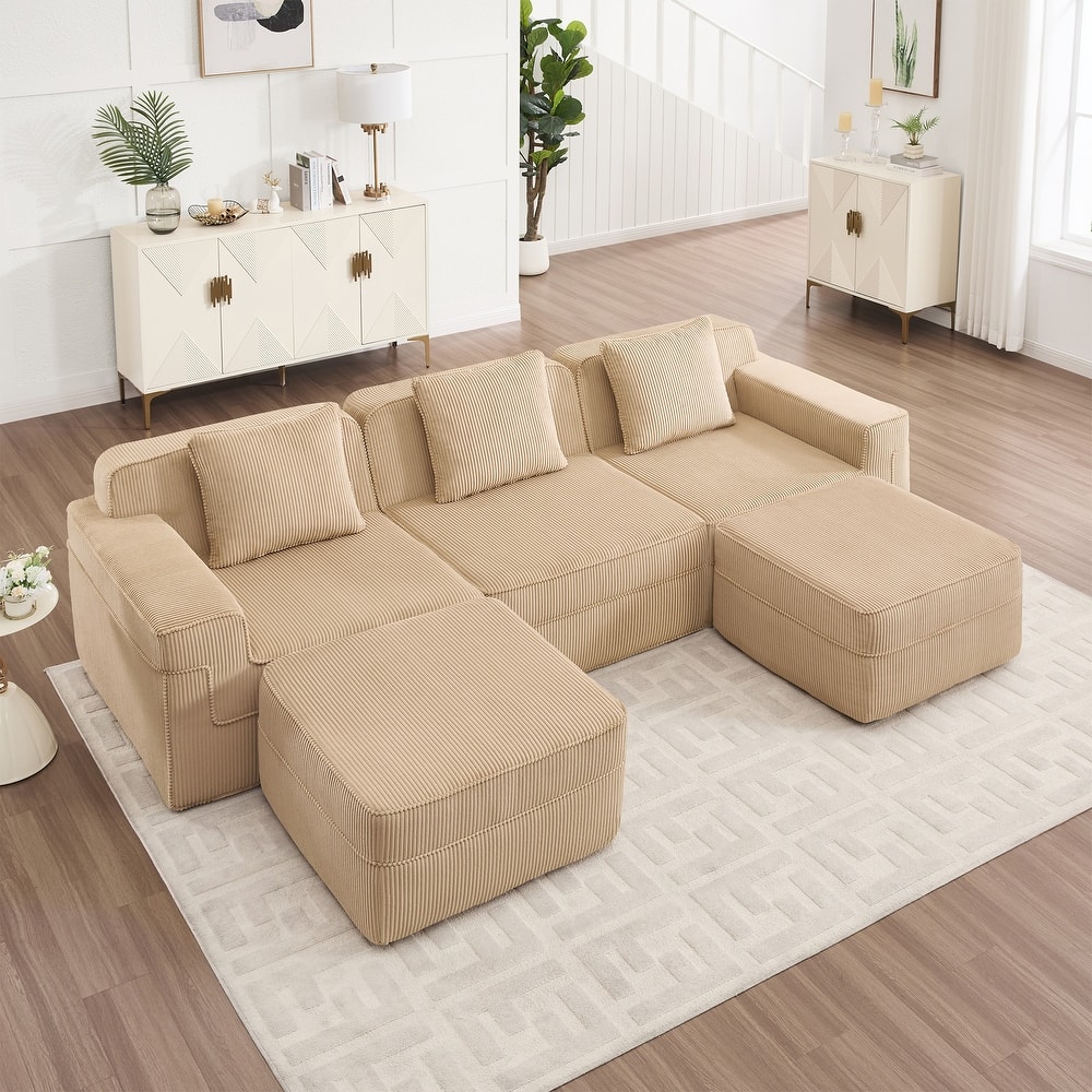 GDFStudio - Corduroy Modular 3-Seater 117.3" U-Shaped Boneless Cloud Sofa with 2 Ottomans