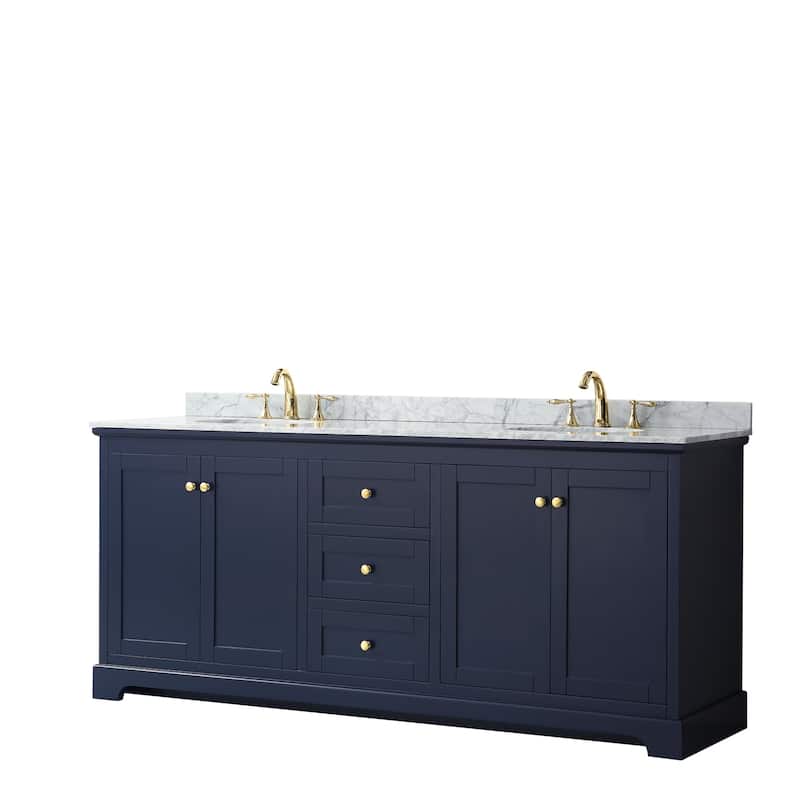 Avery 80-inch Double Vanity, Marble Top, Oval Sinks, No Mirror - Dark Blue, Gold Trim, White Carrara Marble Top