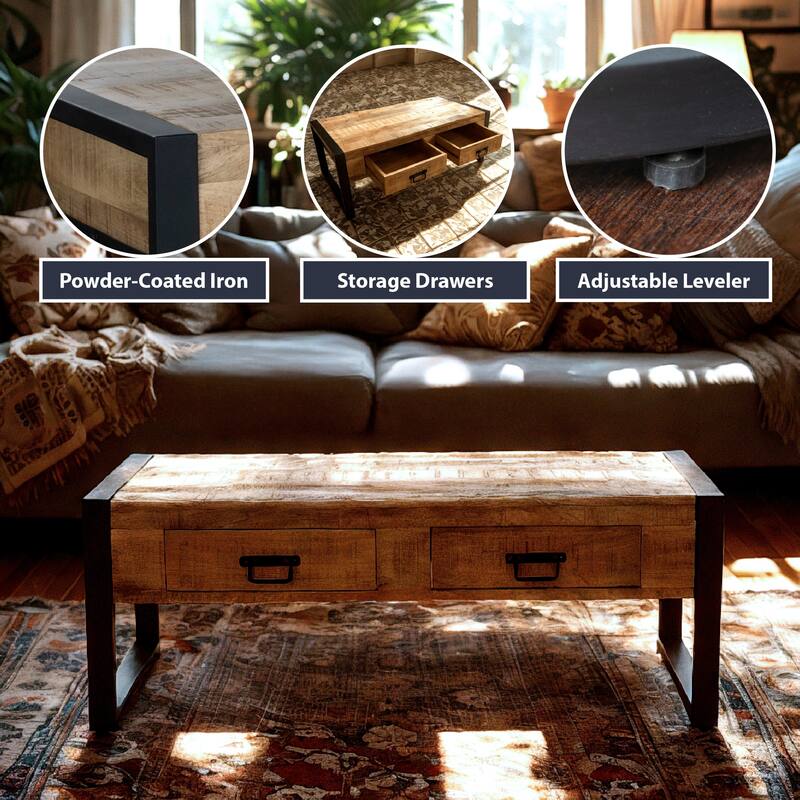 48" Mango Wood Coffee Table with Storage Drawers and Black Metal Frame