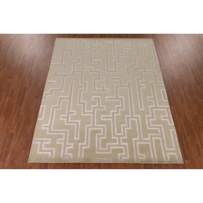 Geometric Nepalese Oriental Area Rug Handmade Wool Carpet Beige - 8'1" x 9'11"