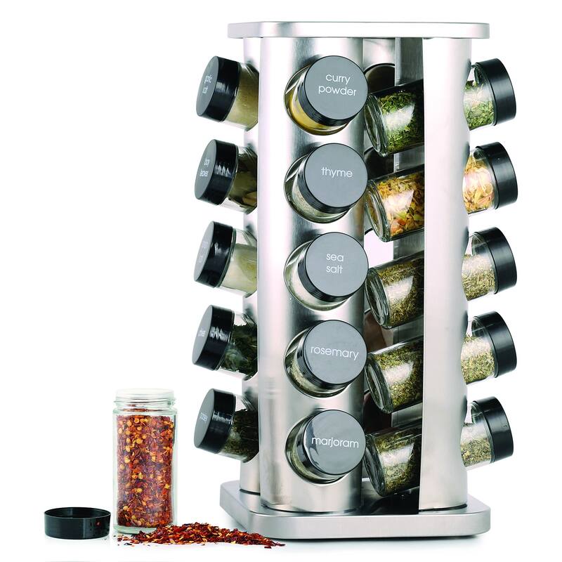 20 Jar Spice Rack with Spices Included Revolving Tower Organizer for Kitchen Spices and Seasonings,Free Spice Refills - Silver