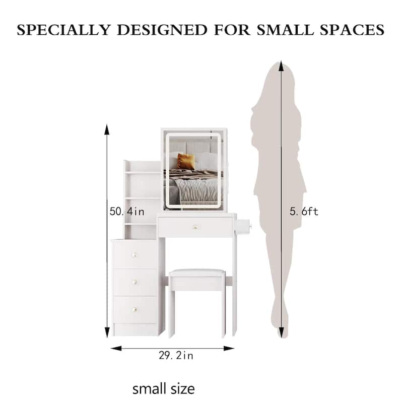 29.2" Compact Left Bedside Vanity Set with Cushioned Stool
