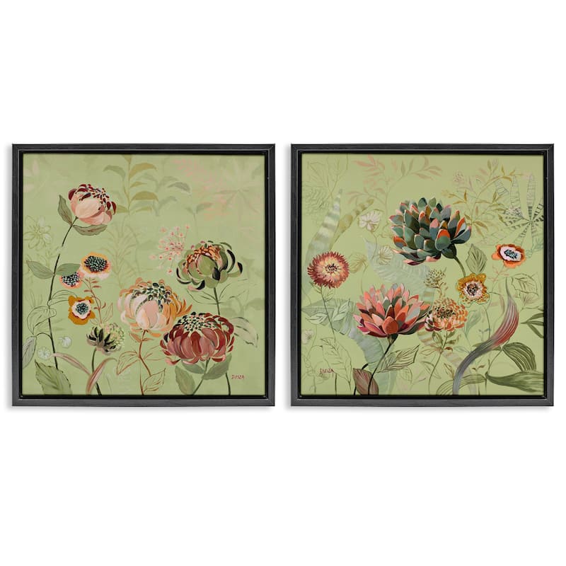 Stupell Chrysanthemums on Olive Green Framed Floater Canvas Wall Art Design By Dusza (Set of 2) - 18 x 18 - Black