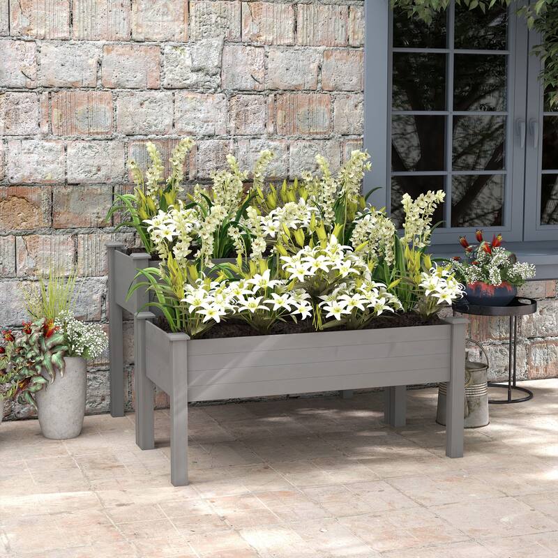 Outsunny 2 Tier Raised Garden Bed, Elevated Wooden 2 Box Planter , Gardening Grow Stand, Planting Bed for Flowers - Grey