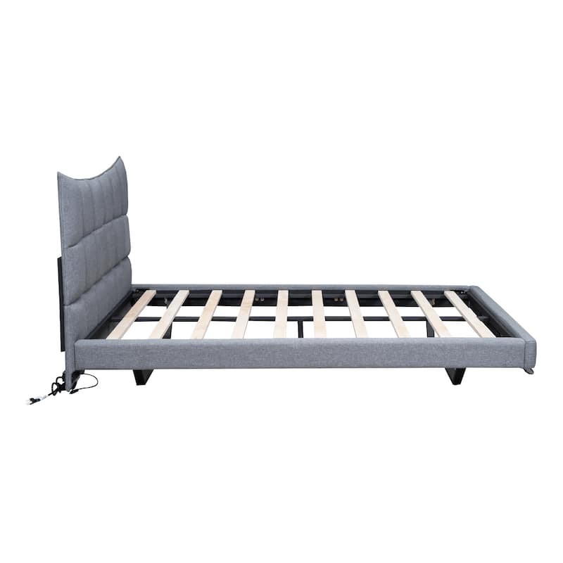 HomeRoots Gray Tufted Upholstered Full Bed Frame With LED Lighting And USB