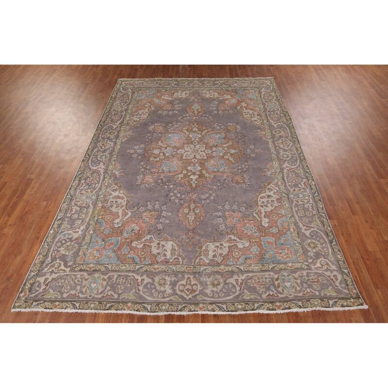Purple Tabriz Vintage Persian Area Rug Handmade Wool Carpet - 7'11" x 11'1"