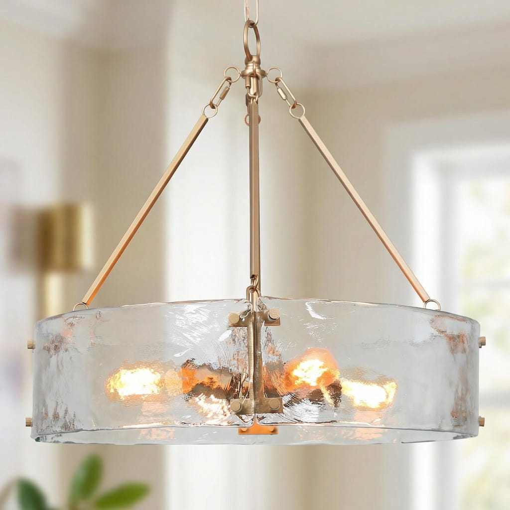 Modern Gold Glam Drum Chandelier 4-Light Textured Glass for Kitchen Island and Dining Room - D 19.5" x H 19"