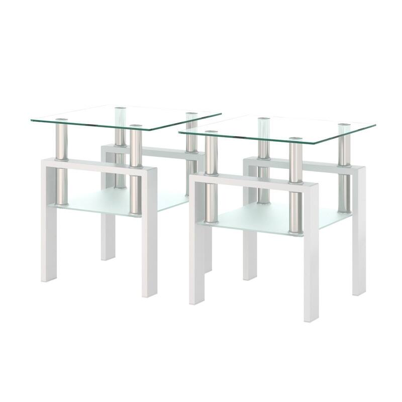 Set of 2, Modern Tempered Glass Tea Table Coffee Table End Table, Square Table for Living Room