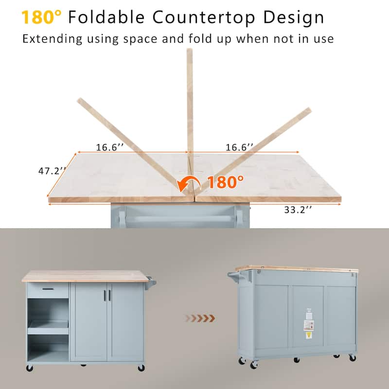 Roomfitters Kitchen Island with Foldable Counter Top, Kitchen Storage Cart with Slide-Out Shelf, Towel Rack and Drawer
