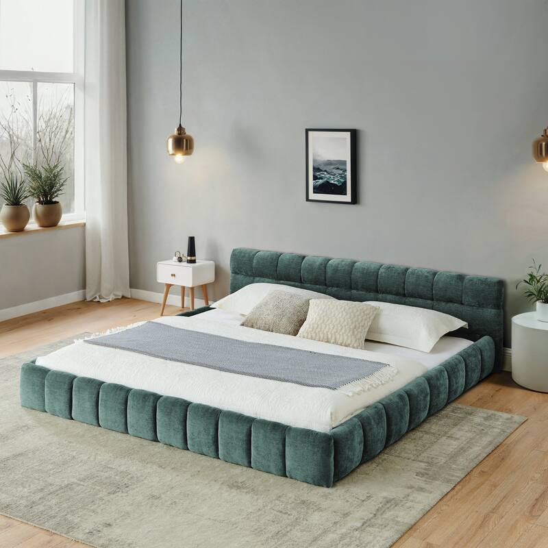 Block Thick Chenille Low Profile Platform Bed Fabric Upholstered Bedframe with Headboard Solid Wood Frame - Optional Storage Bed - Blue Green - California King
